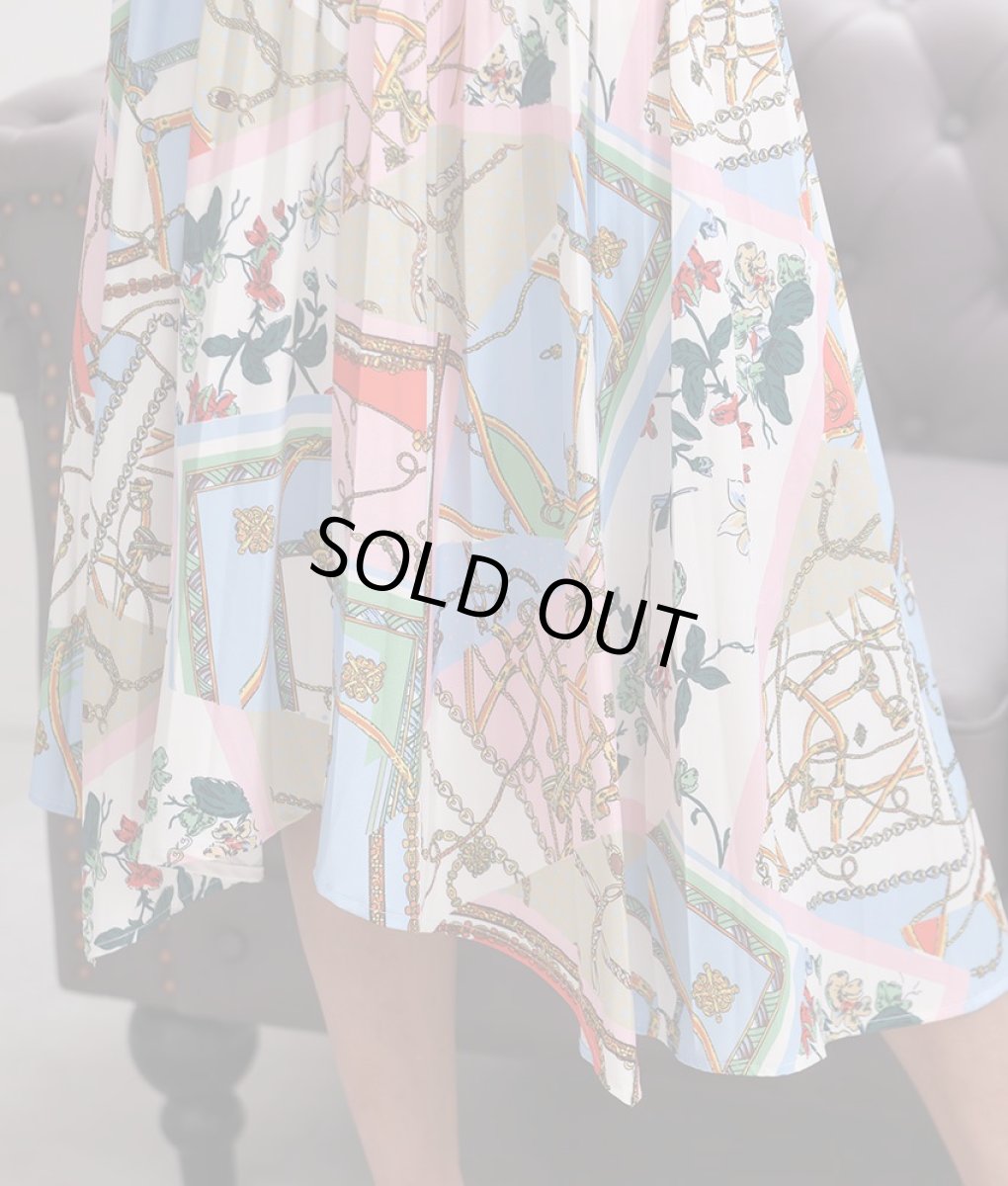 画像12: [rinfarre]ライトブルー・パステル・スカーフ柄・リボンタイ・半袖ブラウス・Aライン・プリーツ・ミディアムスカート・セットアップ・ツーピース[山崎みどり着用][送料無料] (12)