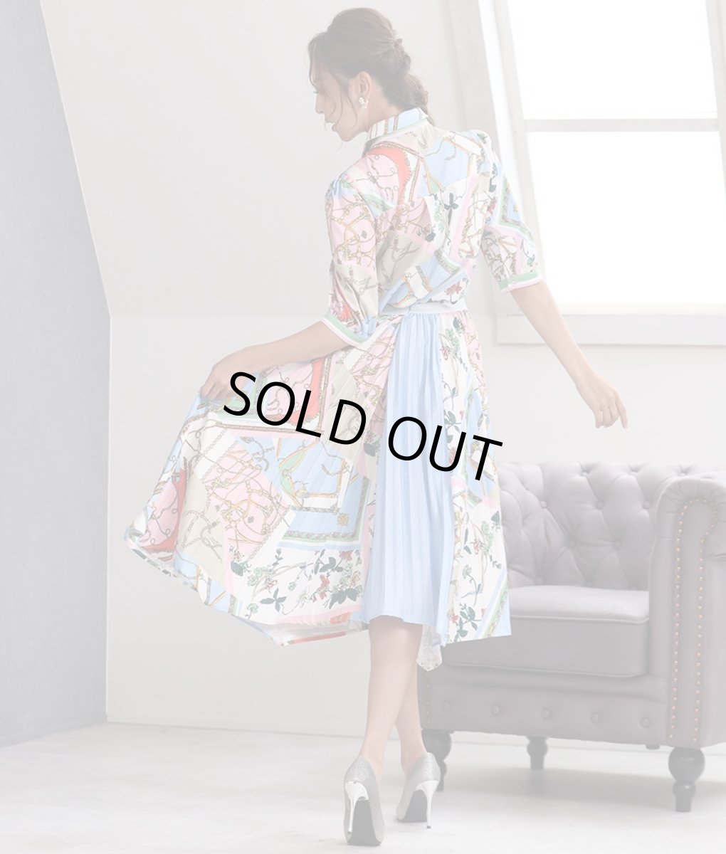 画像3: [rinfarre]ライトブルー・パステル・スカーフ柄・リボンタイ・半袖ブラウス・Aライン・プリーツ・ミディアムスカート・セットアップ・ツーピース[山崎みどり着用][送料無料] (3)