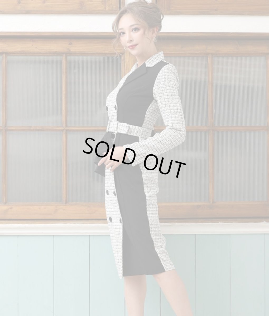 画像2: [韓国製][rinfarre][SALE品のため返品不可＆再入荷なしの現品限り]開襟・モノトーン・ツイード・バイカラー・長袖・タイト・前ボタン・ミディアムドレス・ワンピース[山崎みどり着用][送料無料]  my (2)