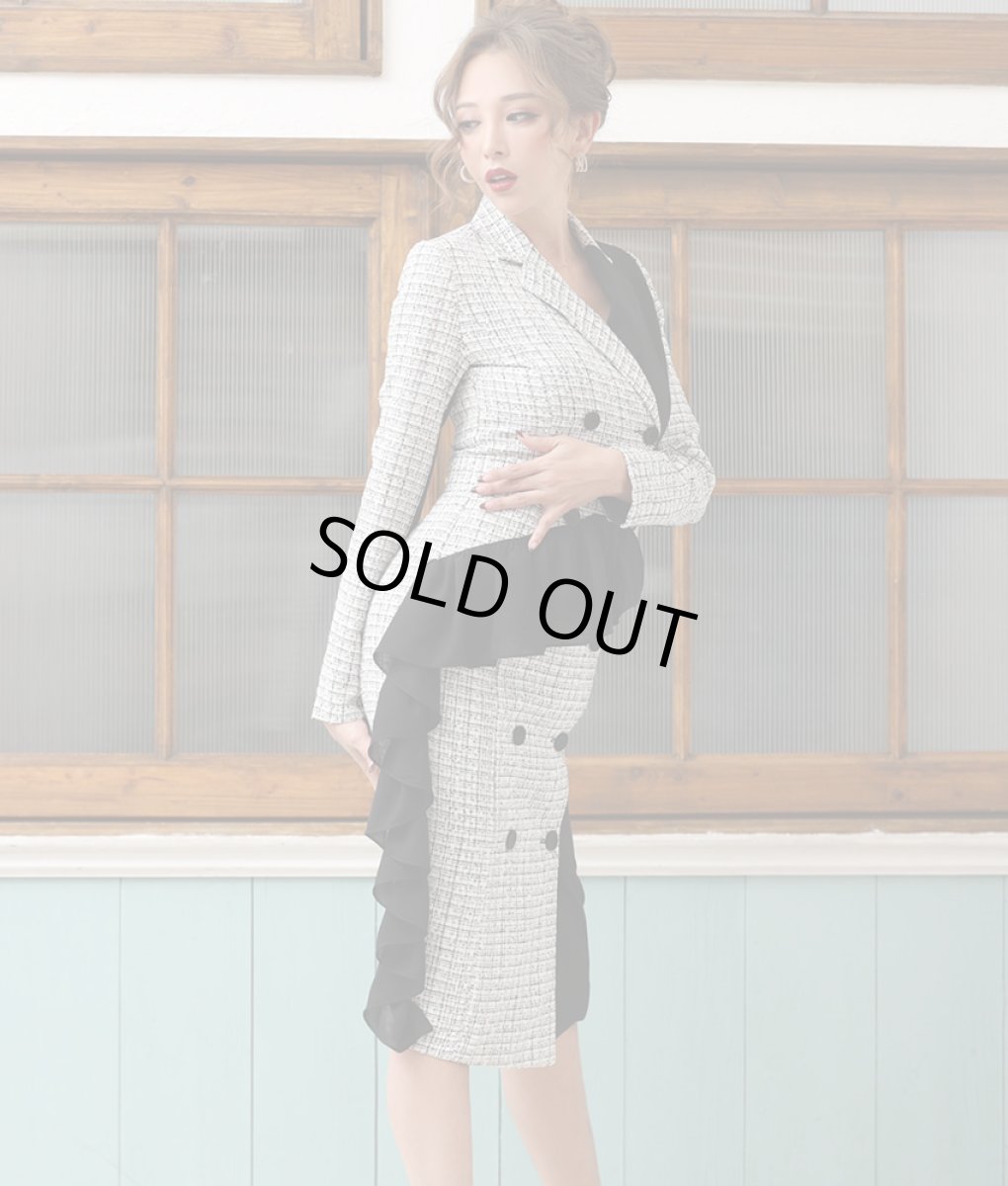 画像3: [韓国製][rinfarre][SALE品のため返品不可＆再入荷なしの現品限り]開襟・モノトーン・ツイード・バイカラー・長袖・タイト・前ボタン・ミディアムドレス・ワンピース[山崎みどり着用][送料無料]  my (3)