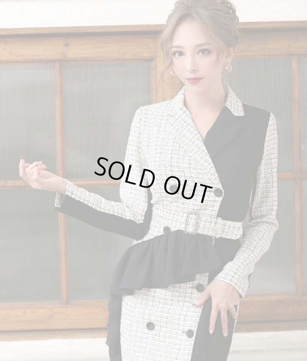 画像5: [韓国製][rinfarre][SALE品のため返品不可＆再入荷なしの現品限り]開襟・モノトーン・ツイード・バイカラー・長袖・タイト・前ボタン・ミディアムドレス・ワンピース[山崎みどり着用][送料無料]  my (5)