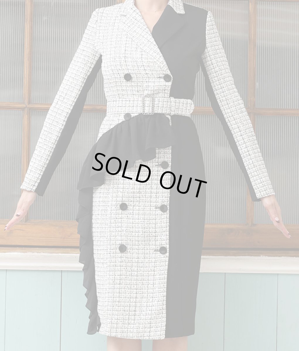 画像7: [韓国製][rinfarre][SALE品のため返品不可＆再入荷なしの現品限り]開襟・モノトーン・ツイード・バイカラー・長袖・タイト・前ボタン・ミディアムドレス・ワンピース[山崎みどり着用][送料無料]  my (7)