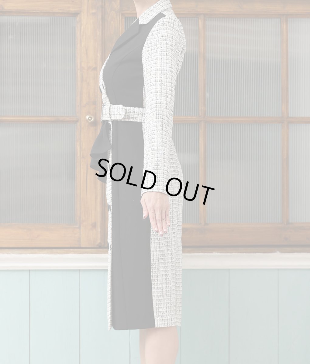 画像8: [韓国製][rinfarre][SALE品のため返品不可＆再入荷なしの現品限り]開襟・モノトーン・ツイード・バイカラー・長袖・タイト・前ボタン・ミディアムドレス・ワンピース[山崎みどり着用][送料無料]  my (8)