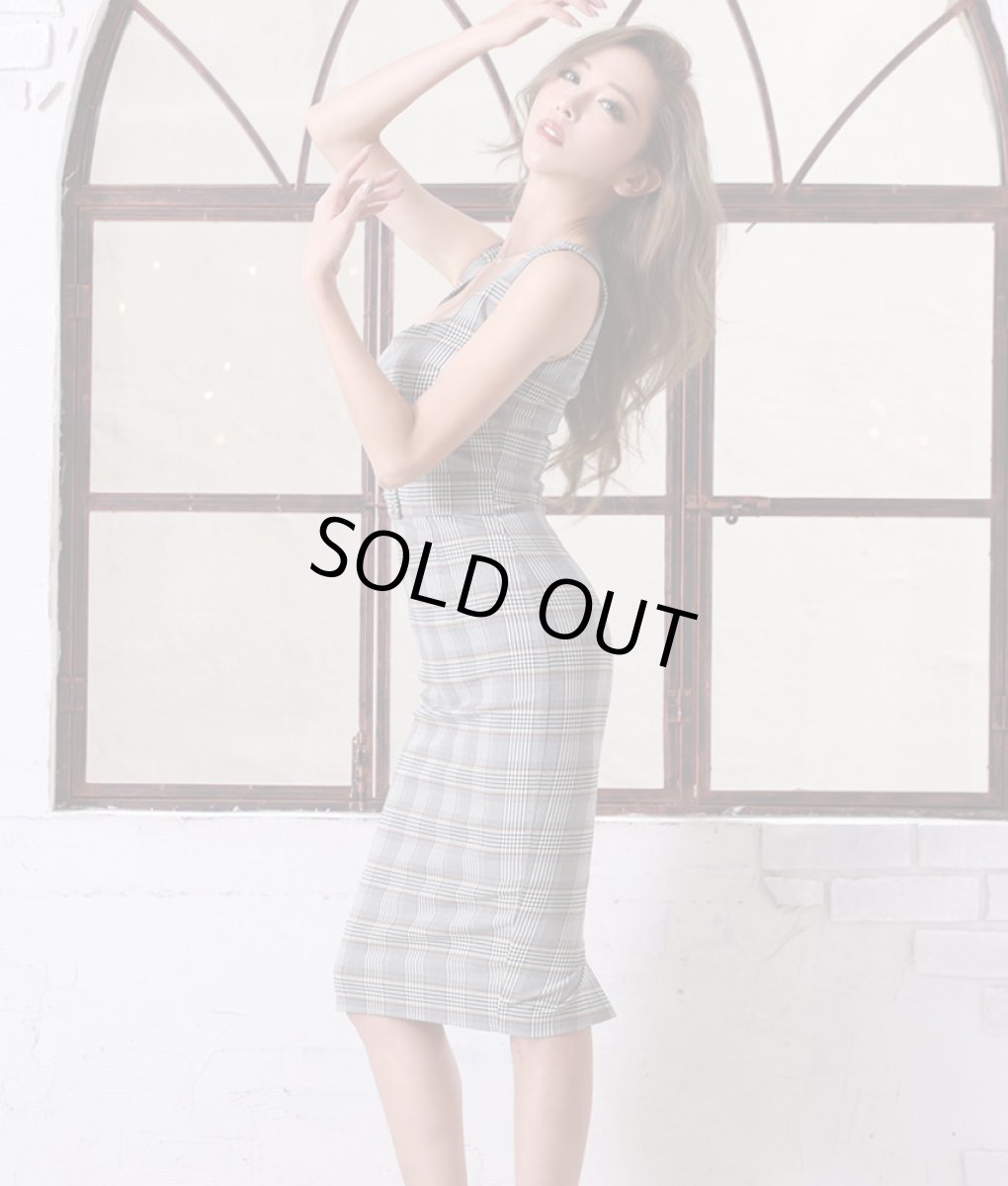 画像2: [韓国製][rinfarre]グレンチェック・ハイウエスト・飾りベルト・ノースリーブ・タイト・ミディアムドレス・ワンピース[山崎みどり着用][送料無料]my (2)