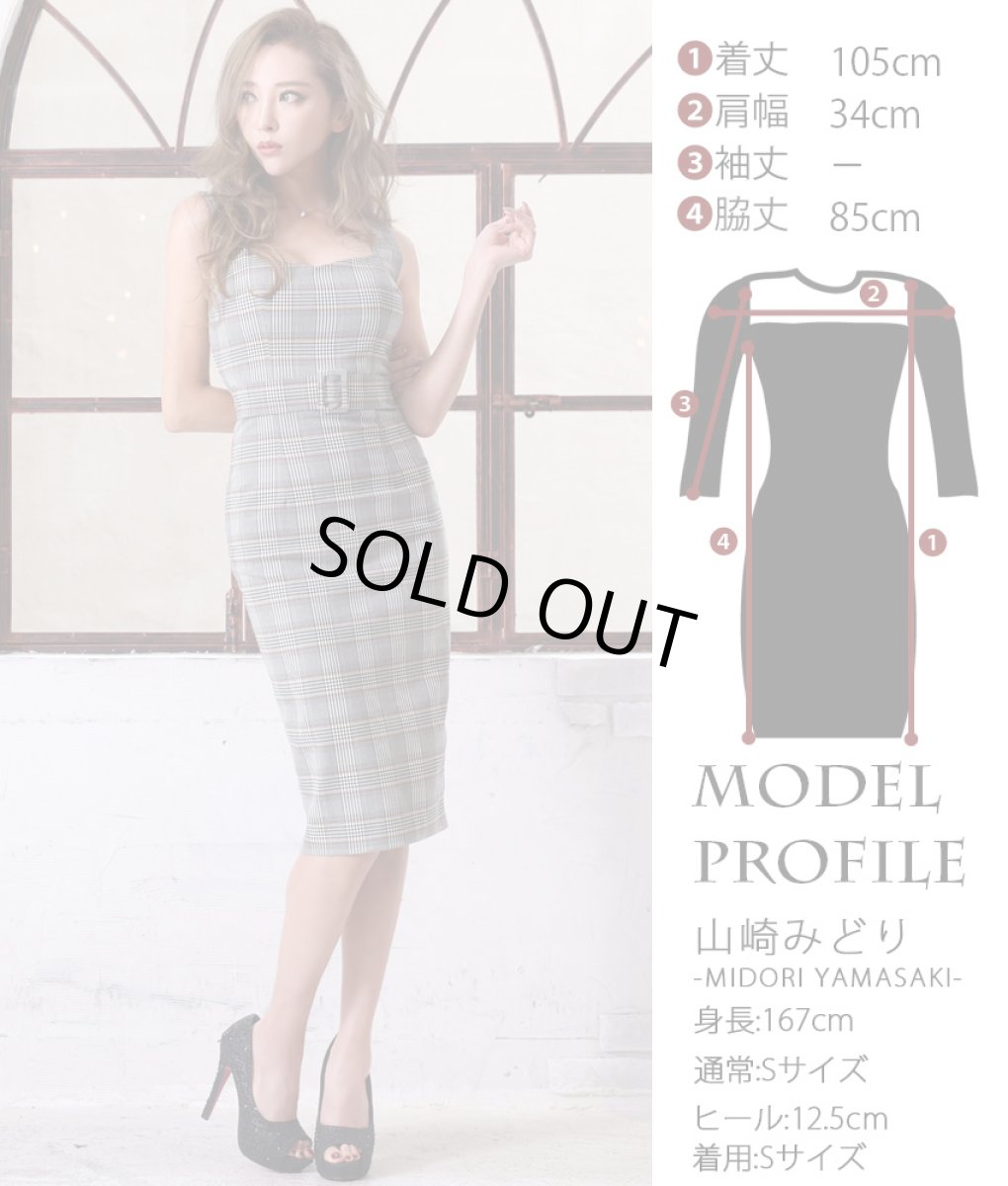 画像5: [韓国製][rinfarre]グレンチェック・ハイウエスト・飾りベルト・ノースリーブ・タイト・ミディアムドレス・ワンピース[山崎みどり着用][送料無料]my (5)