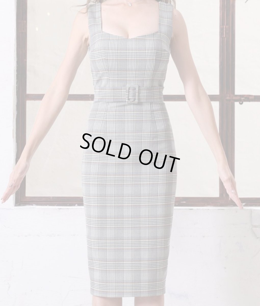 画像6: [韓国製][rinfarre]グレンチェック・ハイウエスト・飾りベルト・ノースリーブ・タイト・ミディアムドレス・ワンピース[山崎みどり着用][送料無料]my (6)