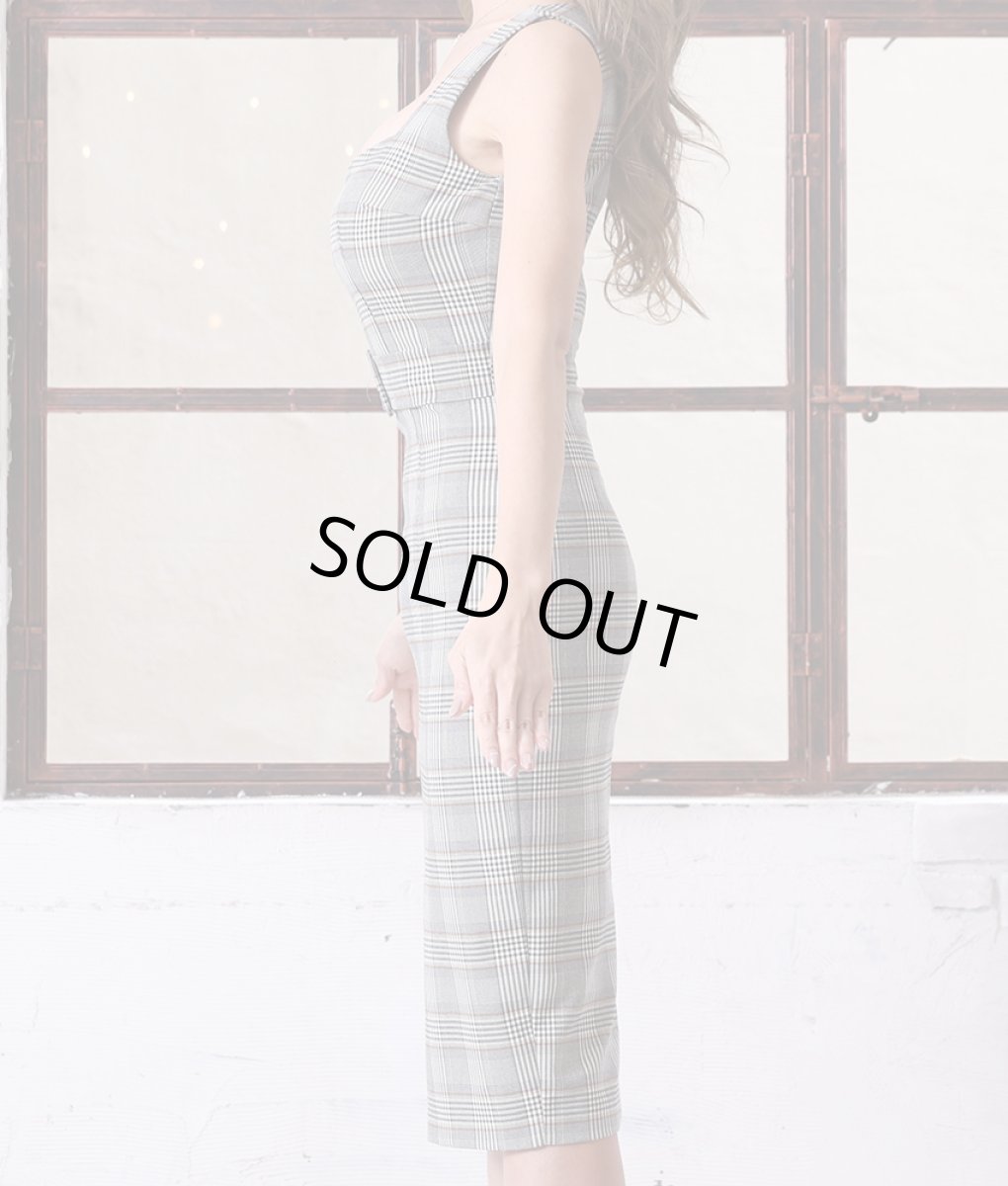 画像7: [韓国製][rinfarre]グレンチェック・ハイウエスト・飾りベルト・ノースリーブ・タイト・ミディアムドレス・ワンピース[山崎みどり着用][送料無料]my (7)