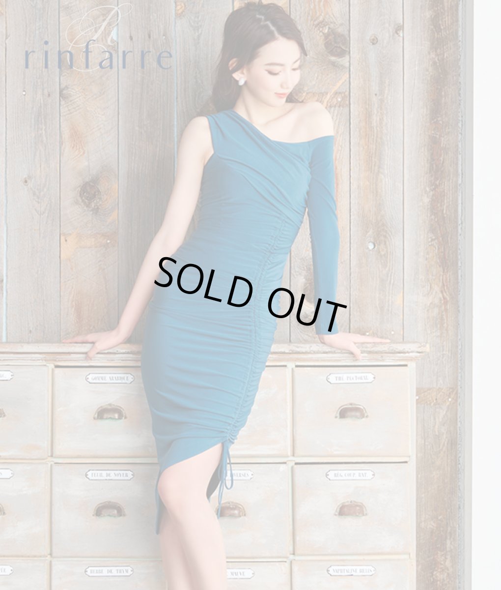 画像1: [韓国製][rinfarre][SALE品のため返品不可＆再入荷なしの現品限り]ブルーグリーン・片長袖・ギャザー・タイト・ミディアムドレス・ワンピース[黒木麗奈着用] (1)