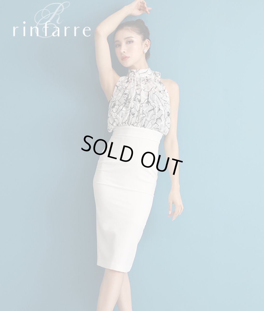 画像2: [韓国製][rinfarre]モノトーン・花柄・プリント・シフォン・ハイネック・ホルターネック・背中開き・タイト・ミディアムドレス・ワンピース[MIRIN着用][送料無料] (2)