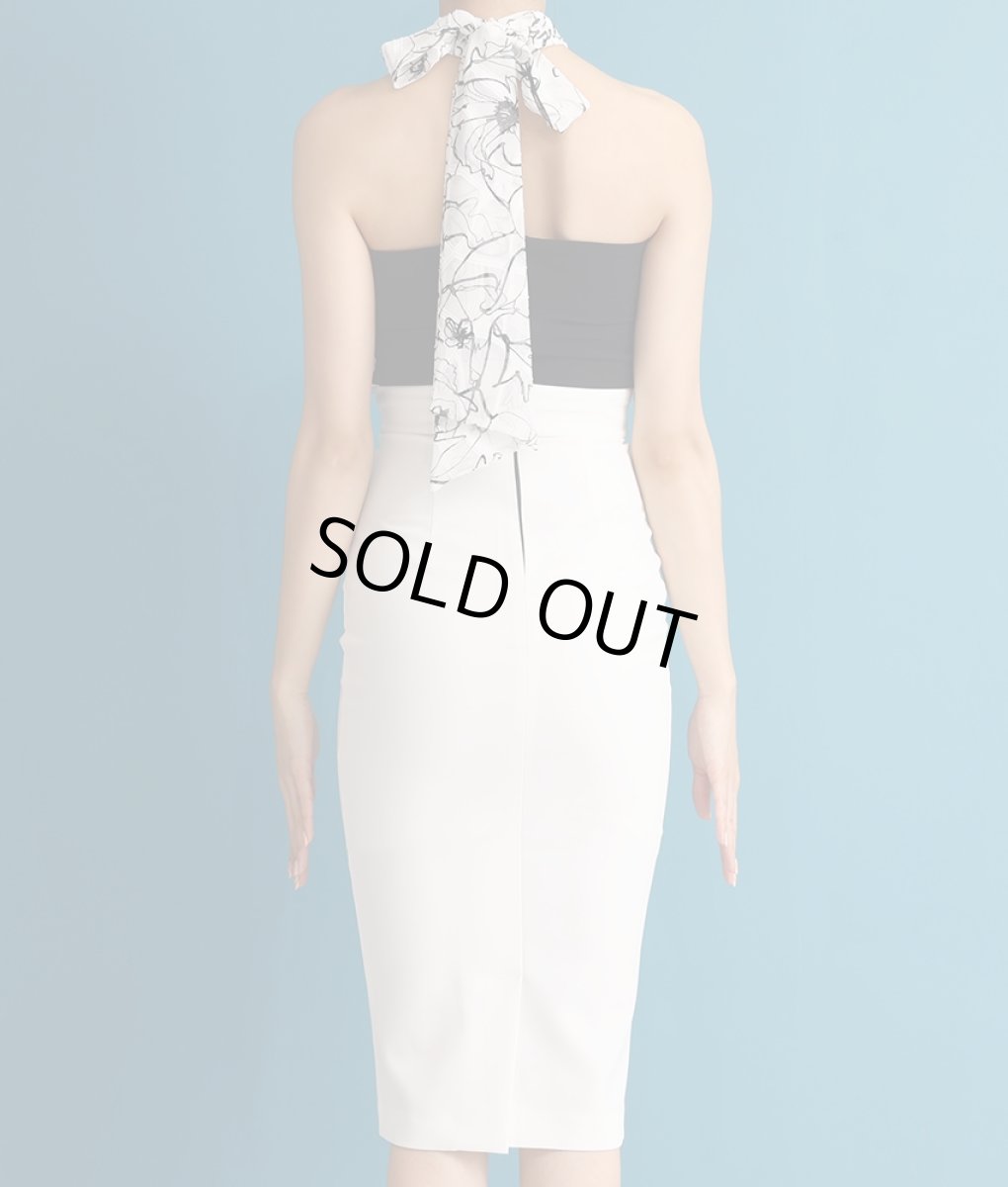 画像9: [韓国製][rinfarre]モノトーン・花柄・プリント・シフォン・ハイネック・ホルターネック・背中開き・タイト・ミディアムドレス・ワンピース[MIRIN着用][送料無料] (9)