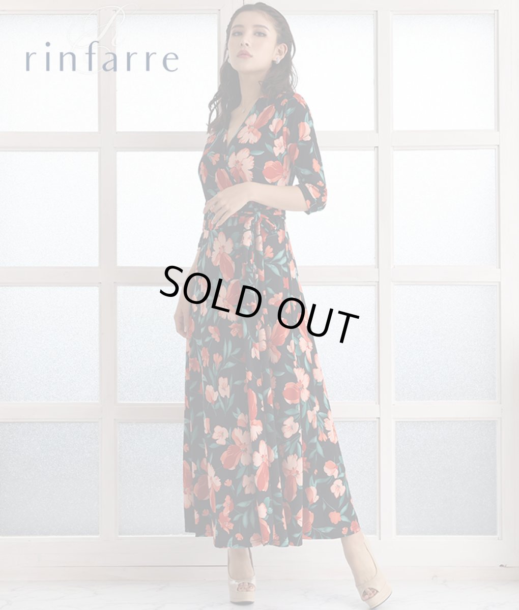 画像1: [韓国製][rinfarre]ブラック×レッド系・花柄・プリント・カシュクール・七分袖・マキシ・ミディアムドレス・ラップワンピース[MIRIN着用][送料無料] (1)