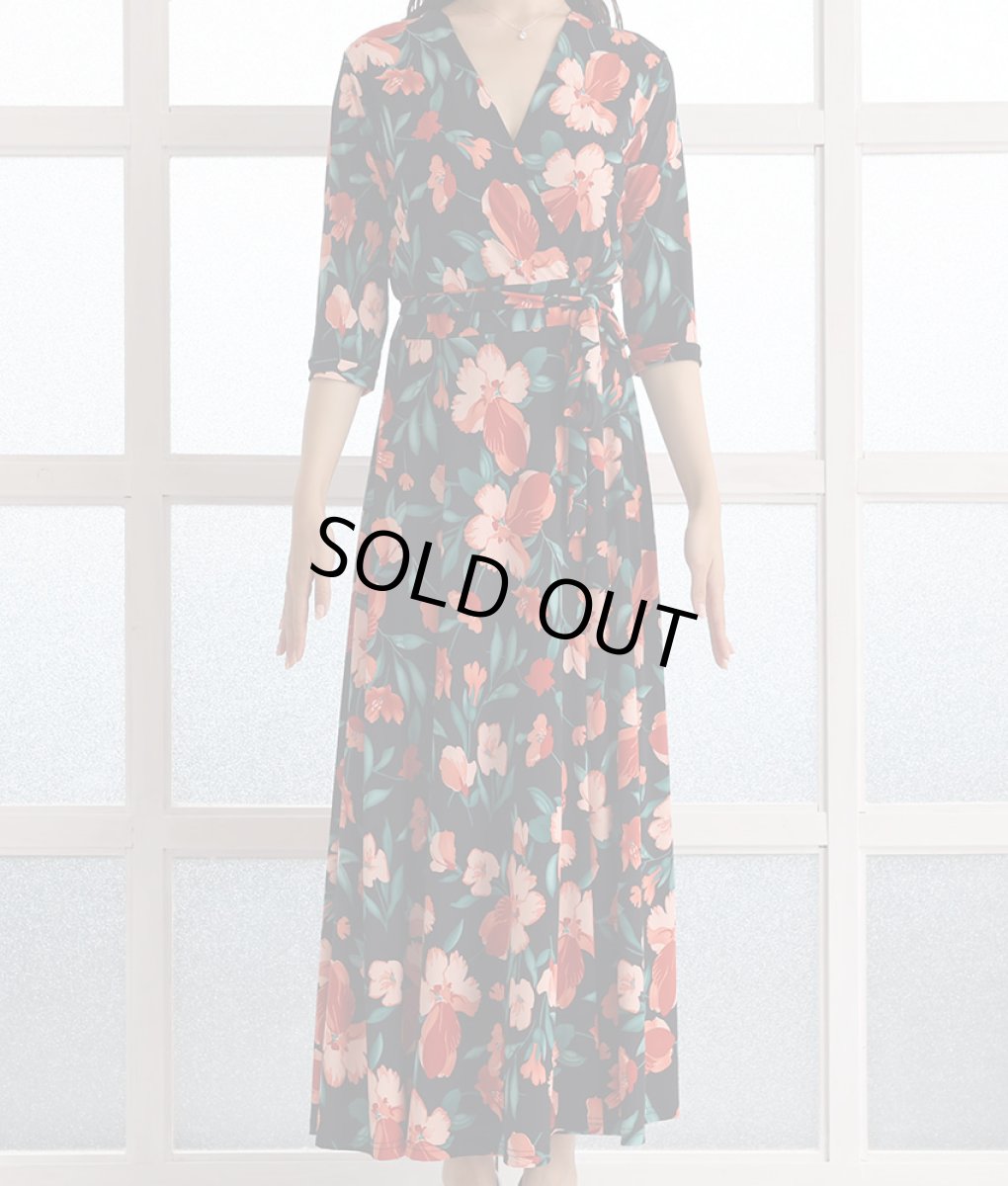 画像6: [韓国製][rinfarre]ブラック×レッド系・花柄・プリント・カシュクール・七分袖・マキシ・ミディアムドレス・ラップワンピース[MIRIN着用][送料無料] (6)