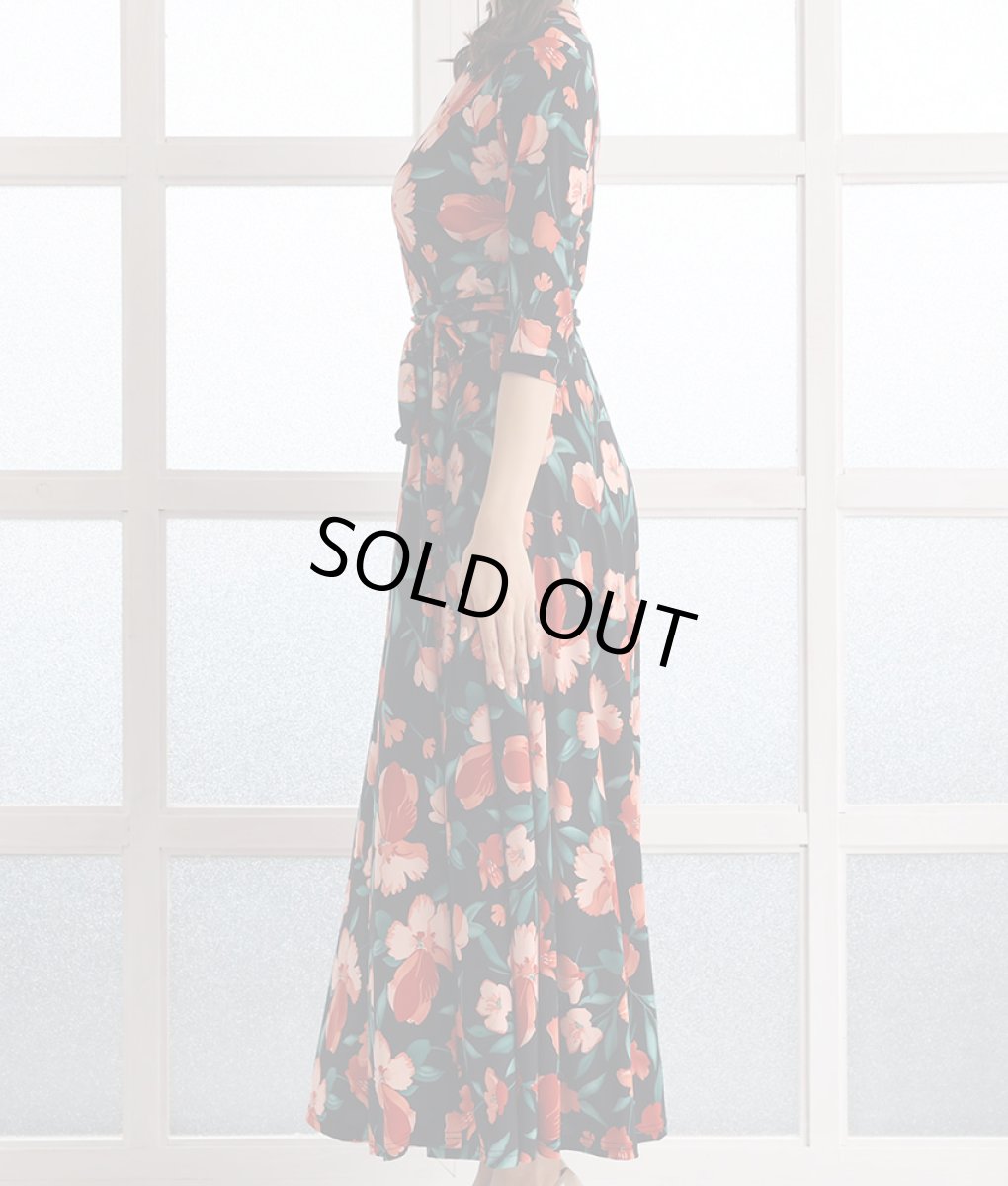 画像7: [韓国製][rinfarre]ブラック×レッド系・花柄・プリント・カシュクール・七分袖・マキシ・ミディアムドレス・ラップワンピース[MIRIN着用][送料無料] (7)