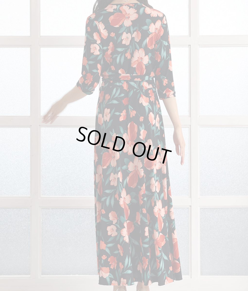 画像8: [韓国製][rinfarre]ブラック×レッド系・花柄・プリント・カシュクール・七分袖・マキシ・ミディアムドレス・ラップワンピース[MIRIN着用][送料無料] (8)