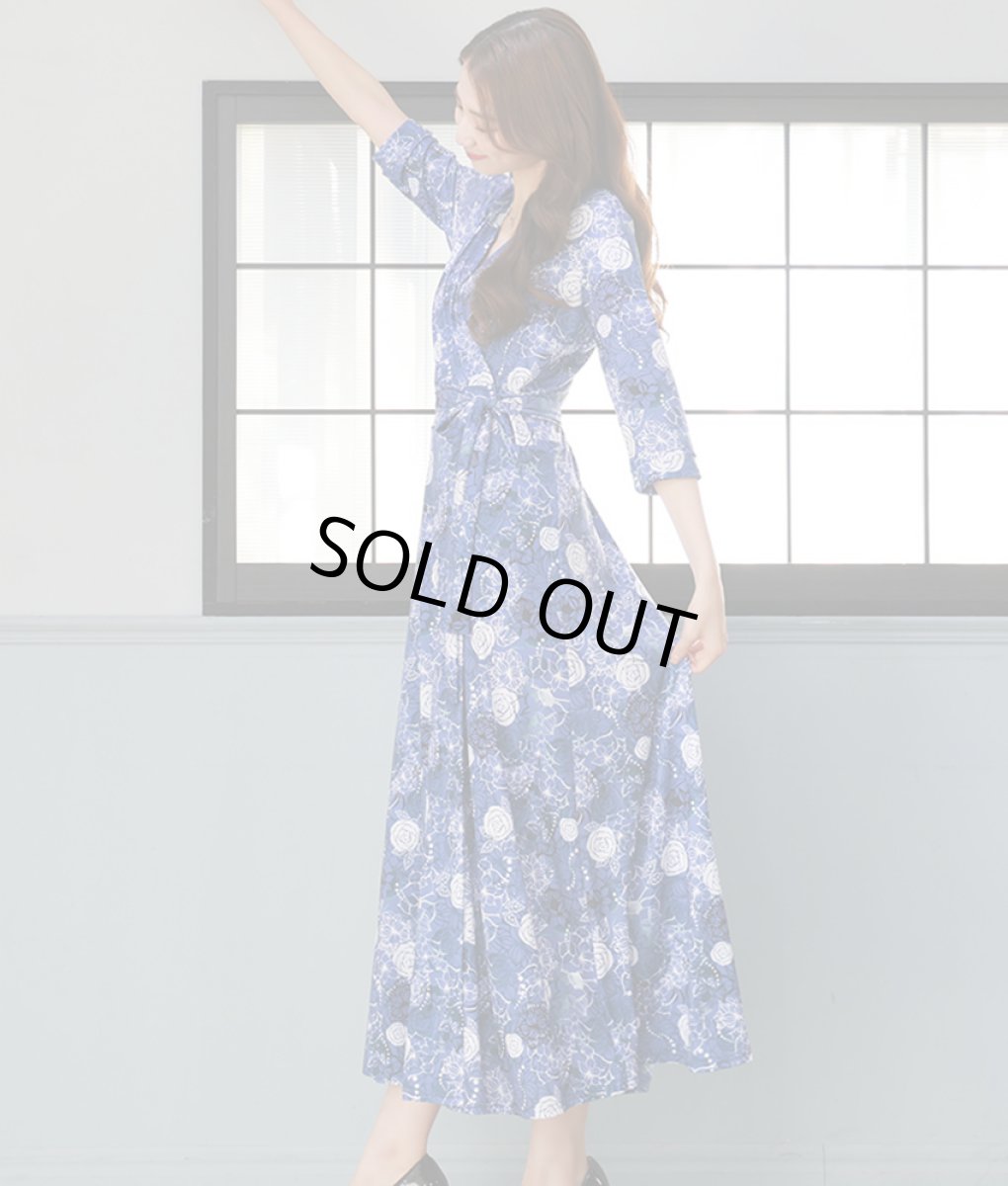 画像5: [SALE品のため返品不可＆再入荷なしの現品限り][韓国製][rinfarre]花柄・水彩画風・パステルVネック・カシュクール・七分袖・マキシ・ロングドレス・ワンピース[山崎みどり・黒木麗奈着用]mygygr (5)