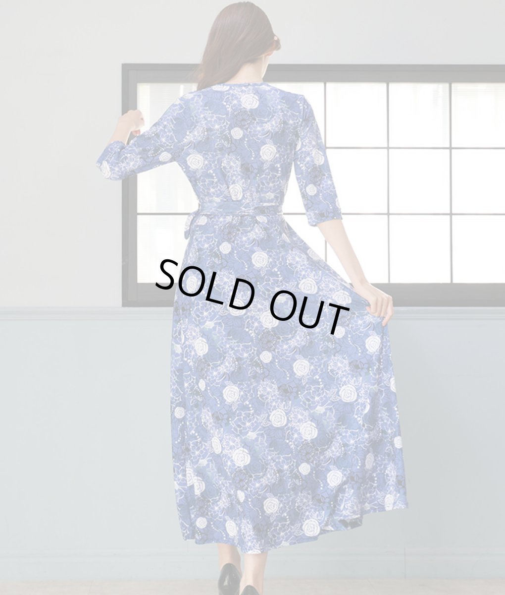 画像7: [SALE品のため返品不可＆再入荷なしの現品限り][韓国製][rinfarre]花柄・水彩画風・パステルVネック・カシュクール・七分袖・マキシ・ロングドレス・ワンピース[山崎みどり・黒木麗奈着用]mygygr (7)