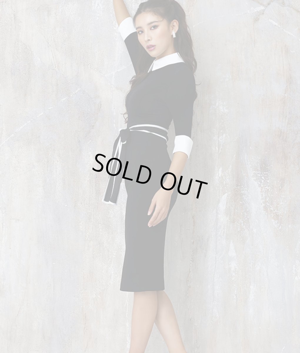 画像2: [韓国製][rinfarre]ブラック・シンプル・襟付き・カフス・レイヤードデザイン・七分袖・タイト・ミディアムドレス・ワンピース[MIRIN着用]《送料＆代引き手数料無料》 (2)