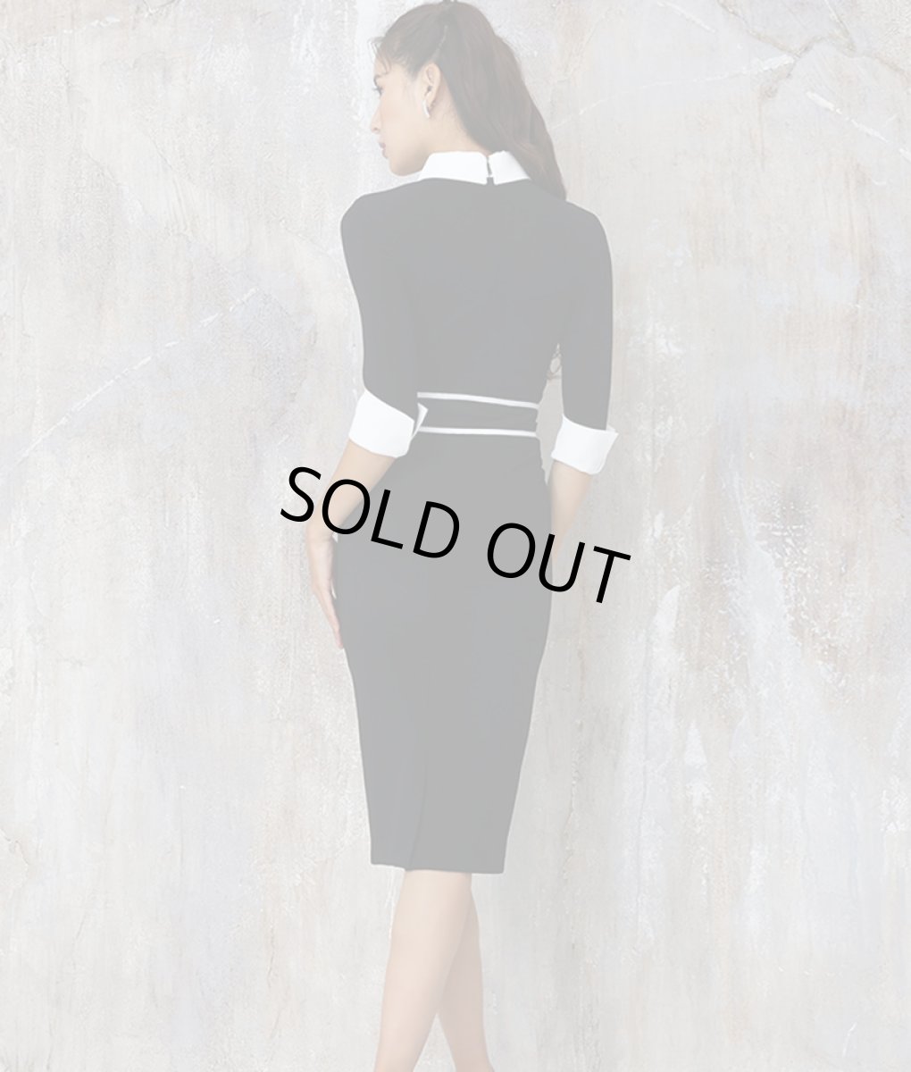 画像3: [韓国製][rinfarre]ブラック・シンプル・襟付き・カフス・レイヤードデザイン・七分袖・タイト・ミディアムドレス・ワンピース[MIRIN着用]《送料＆代引き手数料無料》 (3)