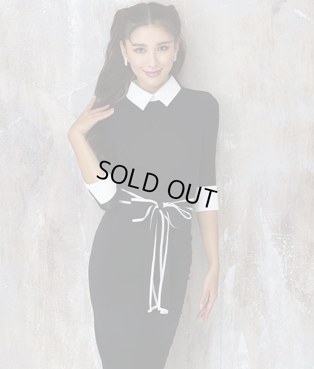 画像4: [韓国製][rinfarre]ブラック・シンプル・襟付き・カフス・レイヤードデザイン・七分袖・タイト・ミディアムドレス・ワンピース[MIRIN着用]《送料＆代引き手数料無料》 (4)