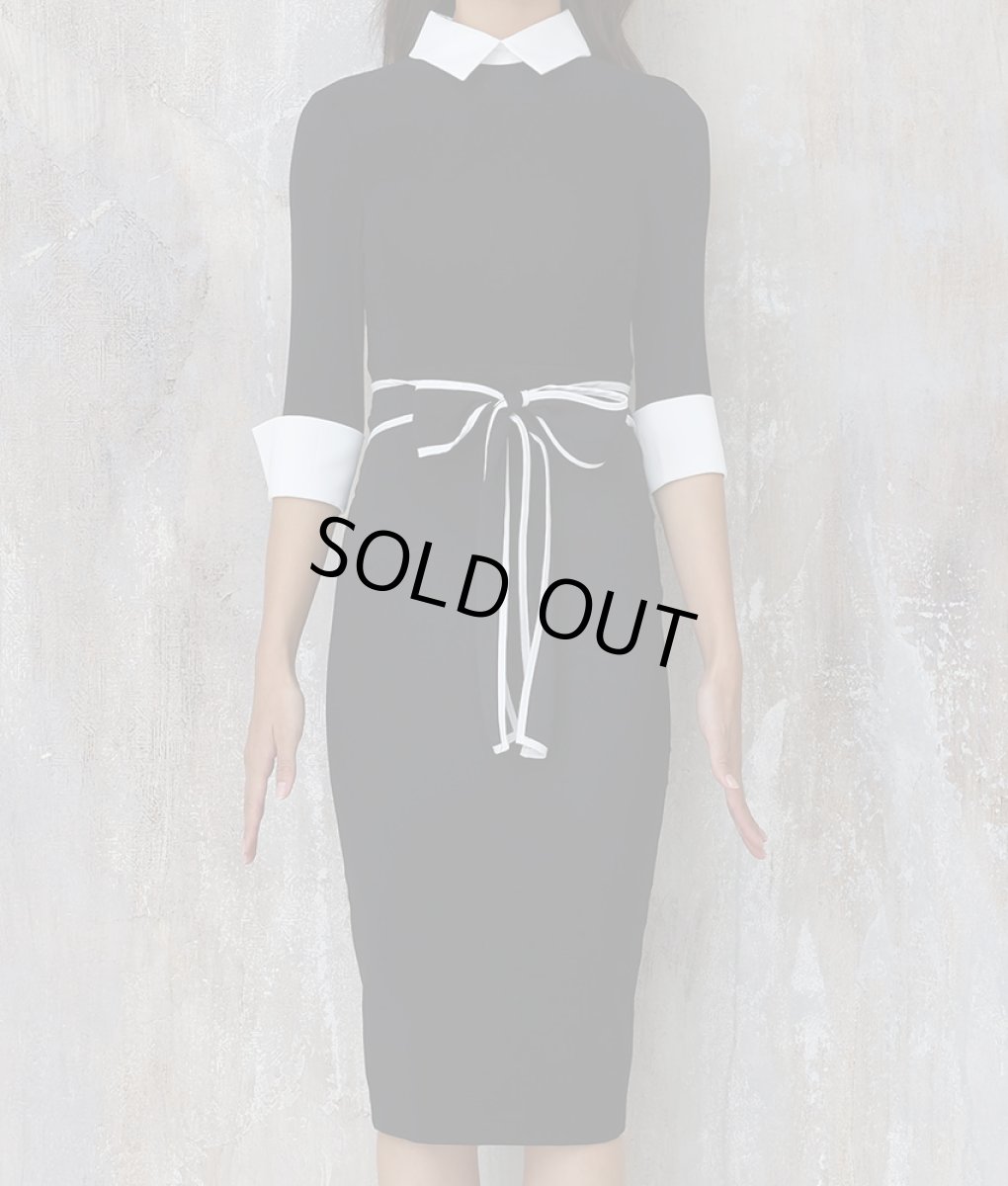 画像6: [韓国製][rinfarre]ブラック・シンプル・襟付き・カフス・レイヤードデザイン・七分袖・タイト・ミディアムドレス・ワンピース[MIRIN着用]《送料＆代引き手数料無料》 (6)