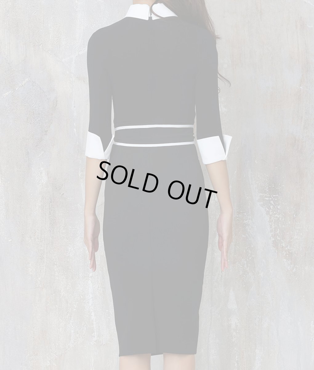 画像8: [韓国製][rinfarre]ブラック・シンプル・襟付き・カフス・レイヤードデザイン・七分袖・タイト・ミディアムドレス・ワンピース[MIRIN着用]《送料＆代引き手数料無料》 (8)