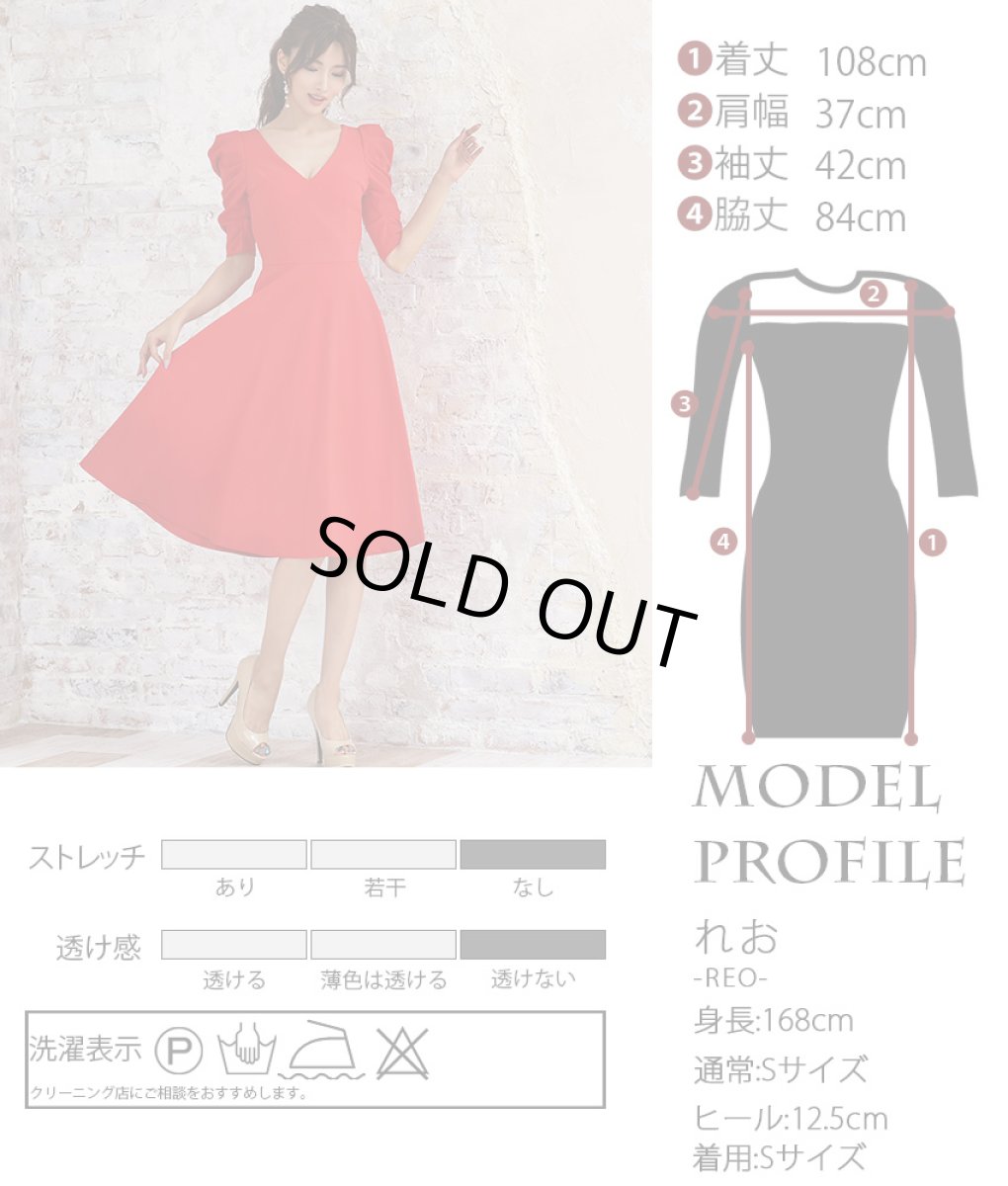 画像5: [SALE品のため返品不可＆再入荷なしの現品限り][韓国製][rinfarre]背中開き・シンプル・無地・Vネック・パフスリーブ・切り替え・五分袖・Aライン・フレア・ミディアムドレス・ワンピース[山崎みどり・れお着用]《送料＆代引き手数料無料》mybk (5)