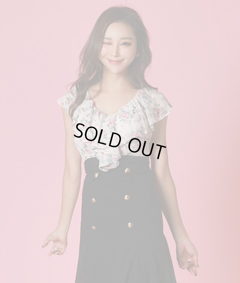 画像4: [韓国製][rinfarre][SALE品のため返品不可＆再入荷なしの現品限り]花柄・フリル・シフォンブラウス・金ボタン・ハイウエスト・マーメイド・ミディアムスカート・セットアップ・ツーピース[山崎みどり着用]《送料＆代引き手数料無料》my (4)