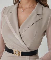 画像11: [韓国製][rinfarre]シンプル・ベルト付き・シースルー袖・Vネック・クール系・タイト・長袖・ミディアムドレス・ワンピース[黒木麗奈・山崎みどり着用][送料無料]myju (11)