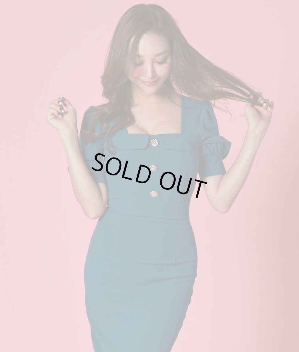 画像5: [SALE品のため返品不可＆再入荷なしの現品限り][韓国製][rinfarre]スモーキー・シンプル・飾りボタン・スクエアネック・パフスリーブ・半袖・タイト・ミディアムドレス・ワンピース[山崎みどり着用]myall (5)