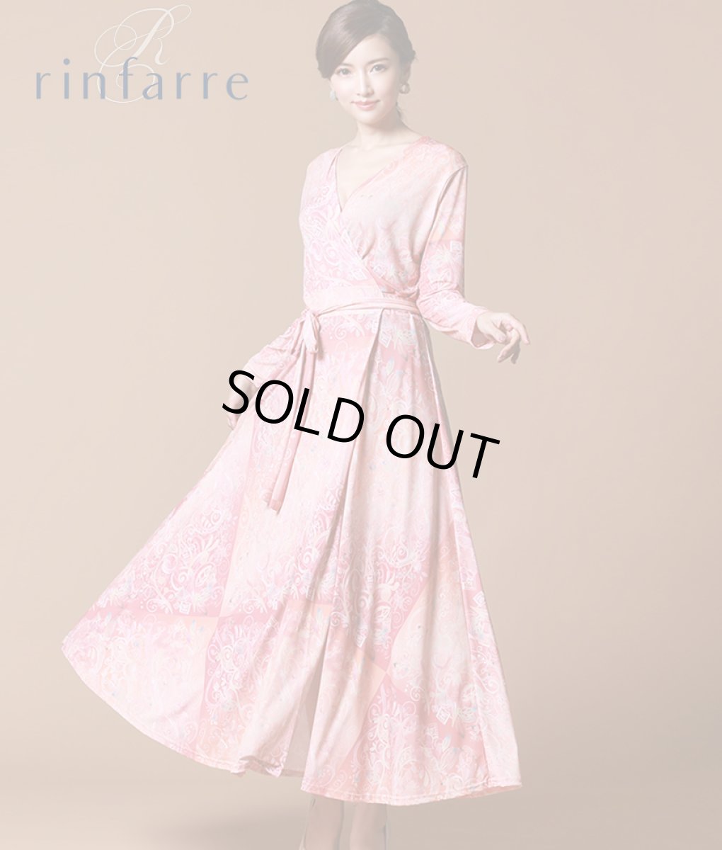 画像1: [韓国製][rinfarre][SALE品のため返品不可＆再入荷なしの現品限り]ピンク×オレンジ・パステル・リーフプリント・Vネック・カシュクール・長袖・マキシ・ロングドレス・ラップ・ワンピース[れお着用][送料無料] (1)
