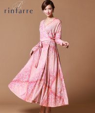 画像1: [韓国製][rinfarre][SALE品のため返品不可＆再入荷なしの現品限り]ピンク×オレンジ・パステル・リーフプリント・Vネック・カシュクール・長袖・マキシ・ロングドレス・ラップ・ワンピース[れお着用][送料無料] (1)