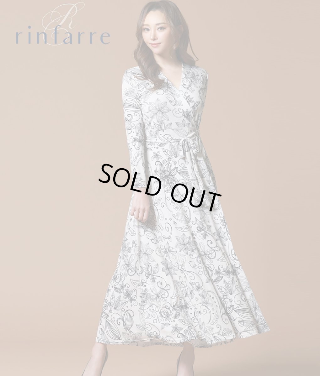 画像1: [韓国製][rinfarre]アイボリー・モノトーン・花柄プリント・Vネック・カシュクール・長袖・マキシ・ロングドレス・ラップワンピース[山崎みどり着用][送料無料]my (1)