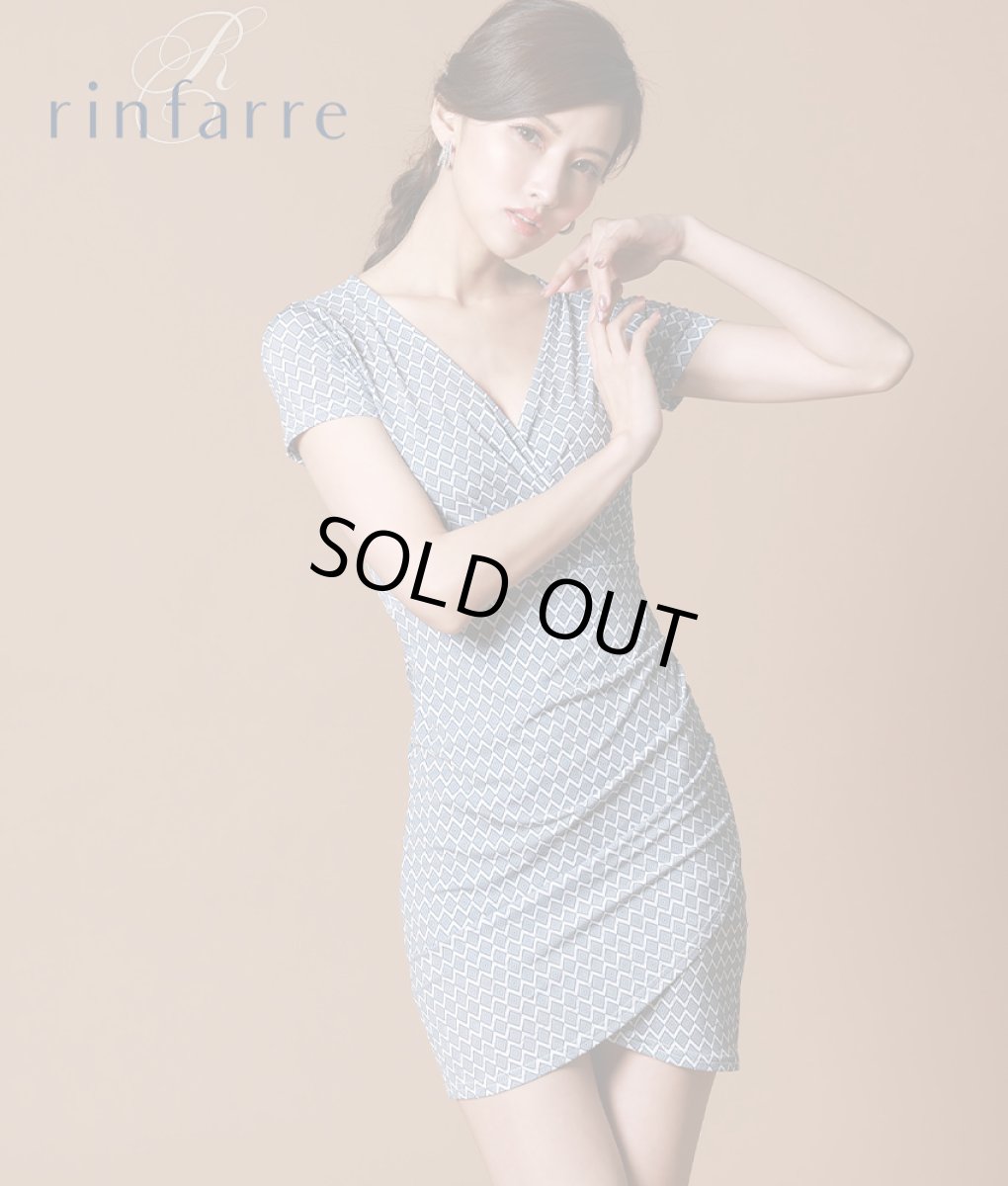 画像1: [韓国製][rinfarre][SALE品のため返品不可＆再入荷なしの現品限り]グレー系・ジオメトリック・Vネック・カシュクール・半袖・ストレッチ・ミニドレス・ショート・ワンピース (1)