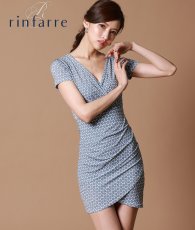 画像1: [韓国製][rinfarre][SALE品のため返品不可＆再入荷なしの現品限り]グレー系・ジオメトリック・Vネック・カシュクール・半袖・ストレッチ・ミニドレス・ショート・ワンピース (1)