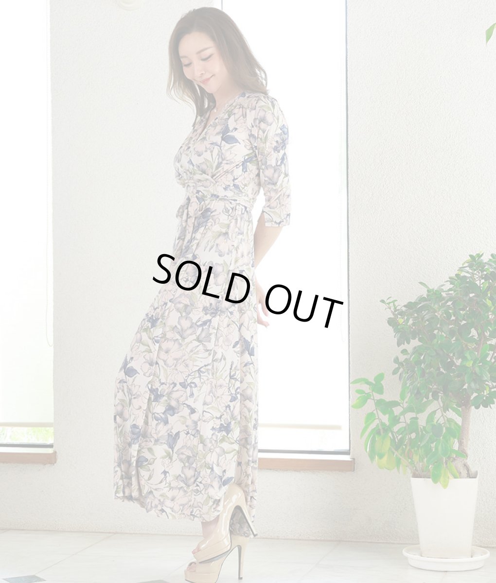 画像2: [韓国製][rinfarre]アイボリー・ニュアンスカラー・花柄・カシュクール・七分袖・マキシ・ラップ・ロングドレス・ワンピース[山崎みどり着用][送料無料] (2)