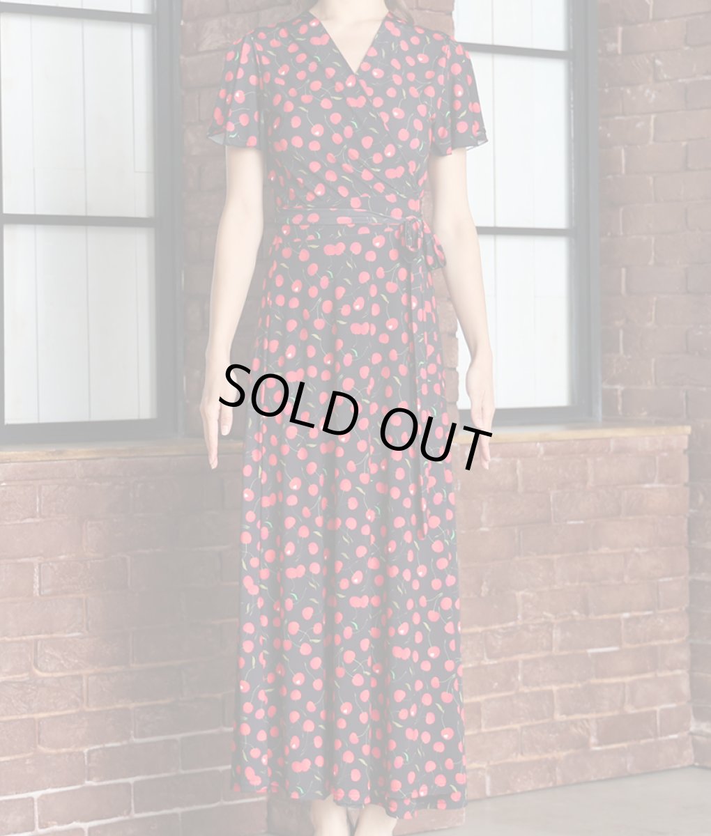 画像6: [SALE品のため返品不可＆再入荷なしの現品限り][韓国製][rinfarre]ブラック・フリル・半袖・チェリー・さくらんぼ・プリント・Vネック・カシュクール・マキシ・ロングドレス・ラップ・ワンピース[MIRIN着用][送料無料] (6)