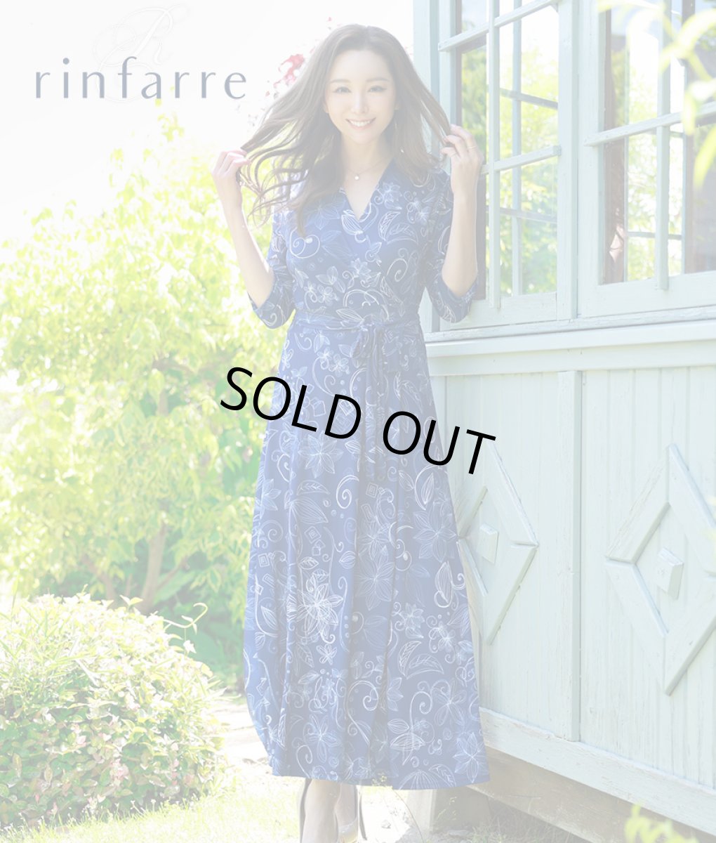 画像1: [韓国製][rinfarre]ネイビー・ホワイト花柄・プリント・Vネック・カシュクール・七分袖・マキシ・ロングドレス・ラップワンピース[山崎みどり着用][送料無料]my (1)