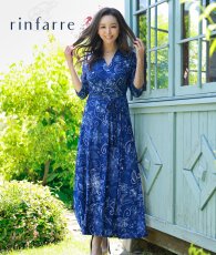 画像1: [韓国製][rinfarre]ネイビー・ホワイト花柄・プリント・Vネック・カシュクール・七分袖・マキシ・ロングドレス・ラップワンピース[山崎みどり着用][送料無料]my (1)