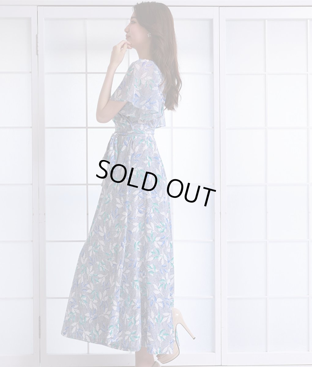 画像2: [韓国製][rinfarre]ブルーグレー・花柄・Vネック・カシュクール・シースルー・フリルスリーブ・半袖・マキシ・ラップ・ロングドレス ワンピース[黒木麗奈着用][送料無料] (2)