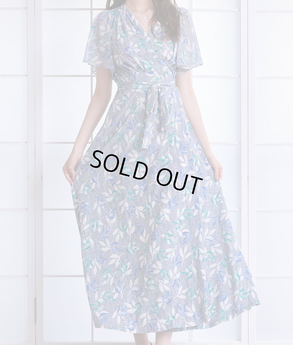 画像7: [韓国製][rinfarre]ブルーグレー・花柄・Vネック・カシュクール・シースルー・フリルスリーブ・半袖・マキシ・ラップ・ロングドレス ワンピース[黒木麗奈着用][送料無料] (7)