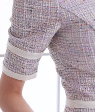 画像12: [韓国製][rinfarre][SALE品のため返品不可＆再入荷なしの現品限り]ライトツイード・パステル・ホワイトパイピング・リボン・半袖・タイト・ミディアムドレス・ワンピース[黒木麗奈着用] (12)