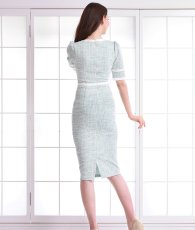 画像4: [韓国製][rinfarre][SALE品のため返品不可＆再入荷なしの現品限り]ライトツイード・パステル・ホワイトパイピング・リボン・半袖・タイト・ミディアムドレス・ワンピース[黒木麗奈着用] (4)