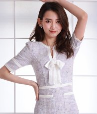 画像5: [韓国製][rinfarre][SALE品のため返品不可＆再入荷なしの現品限り]ライトツイード・パステル・ホワイトパイピング・リボン・半袖・タイト・ミディアムドレス・ワンピース[黒木麗奈着用] (5)