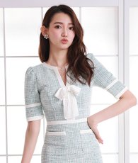 画像6: [韓国製][rinfarre][SALE品のため返品不可＆再入荷なしの現品限り]ライトツイード・パステル・ホワイトパイピング・リボン・半袖・タイト・ミディアムドレス・ワンピース[黒木麗奈着用] (6)