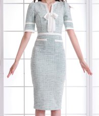 画像8: [韓国製][rinfarre][SALE品のため返品不可＆再入荷なしの現品限り]ライトツイード・パステル・ホワイトパイピング・リボン・半袖・タイト・ミディアムドレス・ワンピース[黒木麗奈着用] (8)