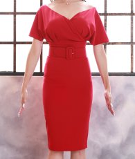 画像6: [韓国製][rinfarre][SALE品のため返品不可＆再入荷なしの現品限り]シンプル・オフショルダー・無地 ベルト付き・半袖・レッド・タイト・ミディアムドレス・ワンピース[山崎みどり着用][送料無料] (6)