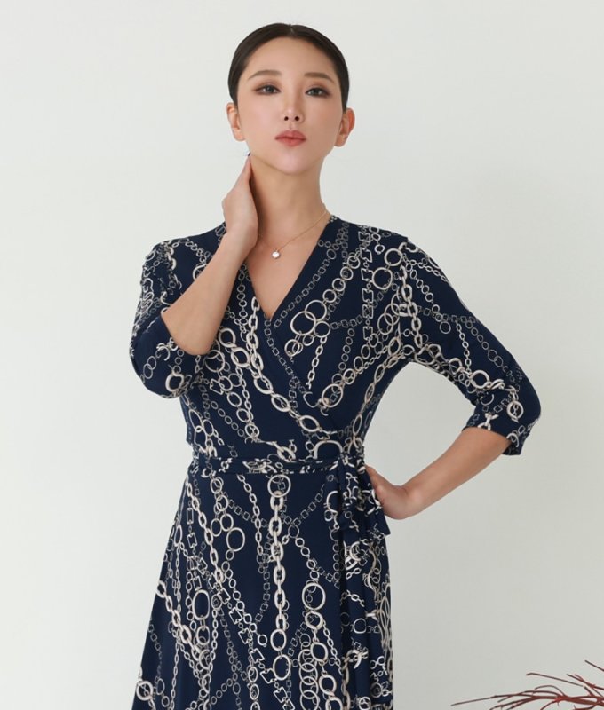Rouje PARIS ドット柄 ラップワンピース ネイビー 36 韓国製][rinfarre]ネイビー・チェーン柄・スカーフプリント・七分袖