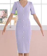 画像6: [韓国製][rinfarre][SALE品のため返品不可＆再入荷なしの現品限り]ラベンダーパープル・半袖・Vネック・ライトツイード・飾りボタン・ミディアムドレス・ワンピース[MIRIN着用][送料無料] (6)