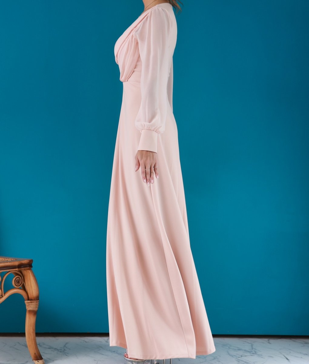 画像15: [韓国製][rinfarre]長袖・シフォンスリーブ・Aライン・ハイウエスト・シンプル・Vネック・ロングドレス[黒木麗奈・山崎みどり着用]《送料＆代引き手数料無料》mypjubk (15)