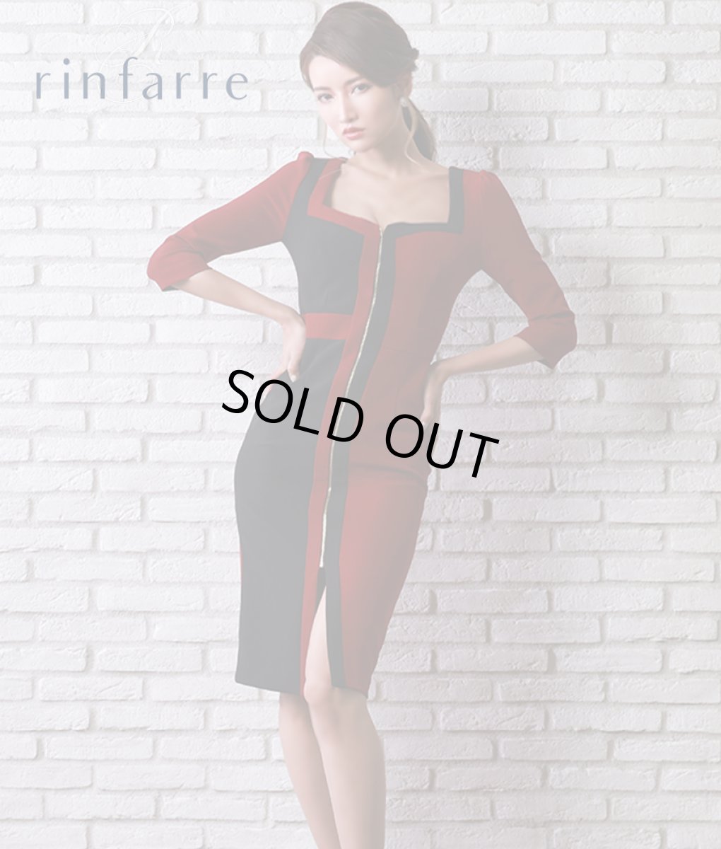 画像1: [SALE品のため返品不可＆再入荷なしの現品限り][韓国製][rinfarre]七分袖・フロントファスナー・バイカラー・ブラック×レッド・タイト・ミディアムドレス・ワンピース[れお着用] (1)